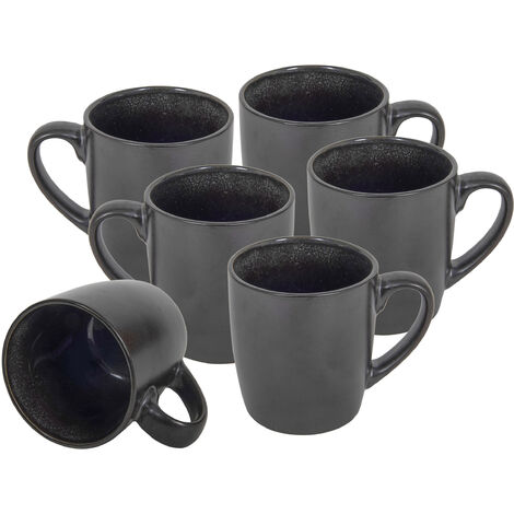 Kaffeebecher 6er Set je 350 ml - schwarz metallic / innen glänzend - Kaffeebecher mit Henkel - Tee Becher Kaffee Tasse aus Porzellan