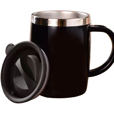 Kaffeebecher aus Edelstahl 304 mit Deckel, auslaufsicher, ansprechendes Design für Büro und Zuhause, 420 ml, schwarz
