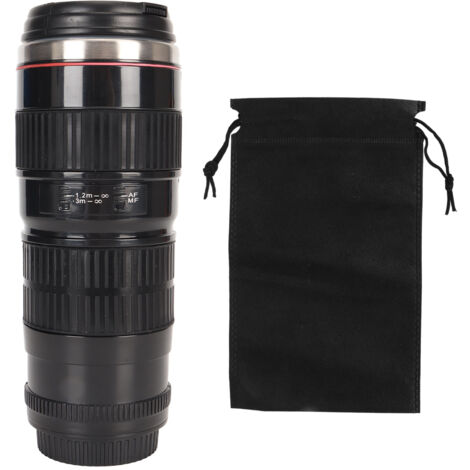 Kaffeebecher aus Edelstahl in Form eines Kameraobjektivs, auslaufsicherer Deckel, ideal für Fotografen, auf Reisen, für Männer und Frauen, Farbe: Schwarz.
