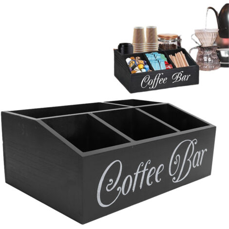Kaffeestation-Organizer mit 5 Fächern, schwarzer Kaffeepadhalter aus Holz