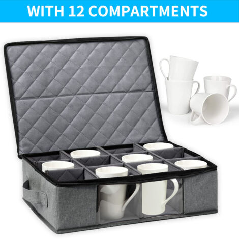 Kaffeetassenhalter mit Trennwand, Aufbewahrungsbox mit Deckel und Griff, stapelbar, für 12 Kaffeetassen, Becher und Tassen, grau