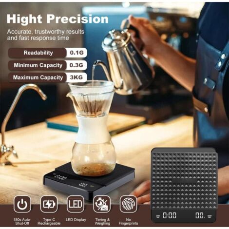 Kaffeewaage mit Timer, Präzisionswaage mit LED-Anzeige und Heizplatte, multifunktionale Küchenwaage mit 3 kg/0,1 g Genauigkeit, Tara-Funktion (g/oz/ml), automatische Abschaltung