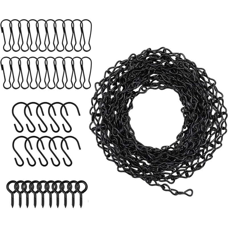 500 cm Adjustable Hanging Chains with 10 Hooks, 20 Clips, 10 Screw Eye Hooks, Black Steel Chain for Hanging Bird Feeders, Planters, Blackboards,
