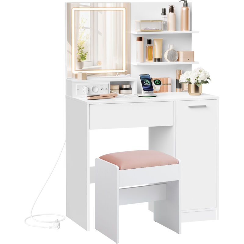 KAILYN Collection - Coiffeuse avec Miroir LED et Tabouret, avec Multiprise, Compartiment avec 2 Étagères Réglables, 1 Tiroir, 2 Étagères, Coin