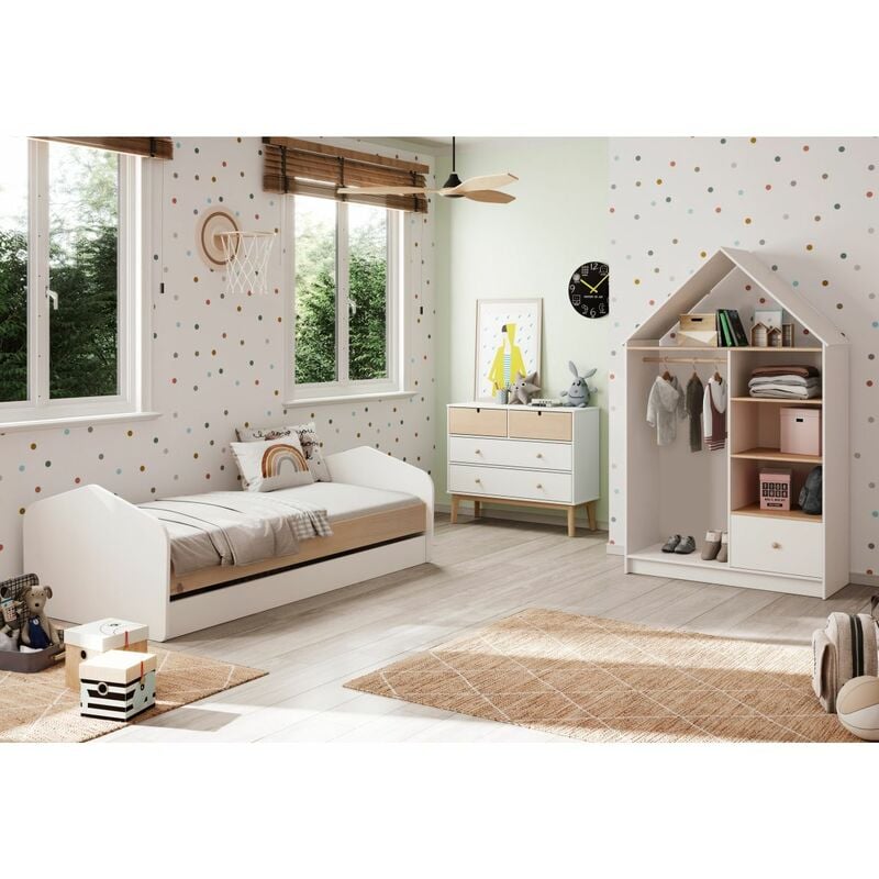 kaina - chambre 90x200cm avec commode 4t et dressing cabane coloris blanc et naturel - blanc