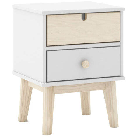 KAINA - Chevet 2 Tiroirs en MDF et Pin Coloris Blanc et Naturel