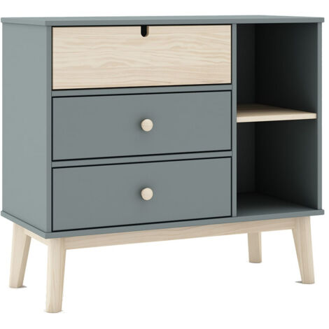 KAINA - Commode 3 Tiroirs 2 Niches MDF et Pin Coloris Gris Vert et Naturel