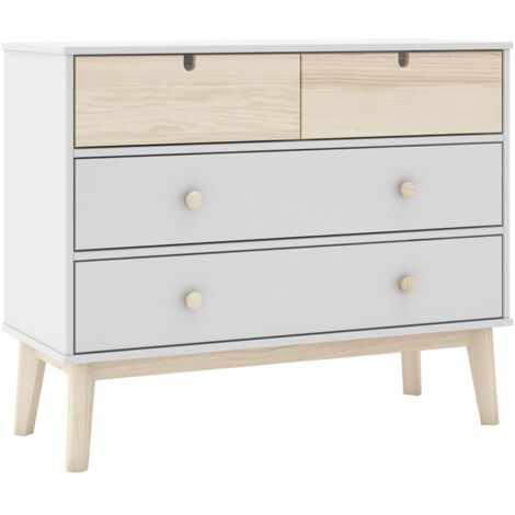 KAINA - Commode 4 Tiroirs MDF et Pin Coloris Blanc et Naturel