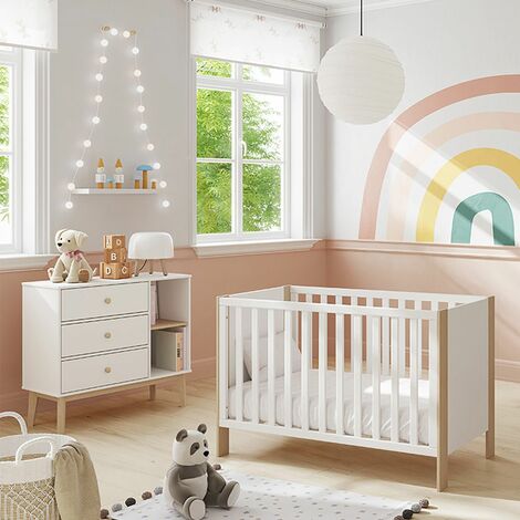 Lit bébé évolutif avec tiroir et matelas collection LUTIN réglable en  hauteur. Coloris blanc mat.
