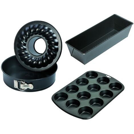 Kaiser Original Classic Bach Forma 4 Pezzi Set, Teglia con Fondo Tubolare Ø26 cm, stampi per Muffin Plumcake 30 cm, per 12 Muffins Standard di Muffin Taglia Ø7 cm, Made in Germany