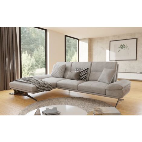 Kaja - Modernes Ecksofa mit Ottomane und Hohe schwarze Metall Füße in Grau Samt-Stoff