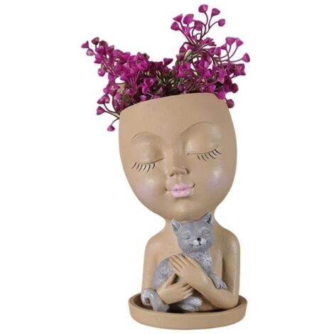(kaki)Pot de fleur - WIRLSWEAL - Fille tenant un chat - Résine - Asymétrique - Kaki