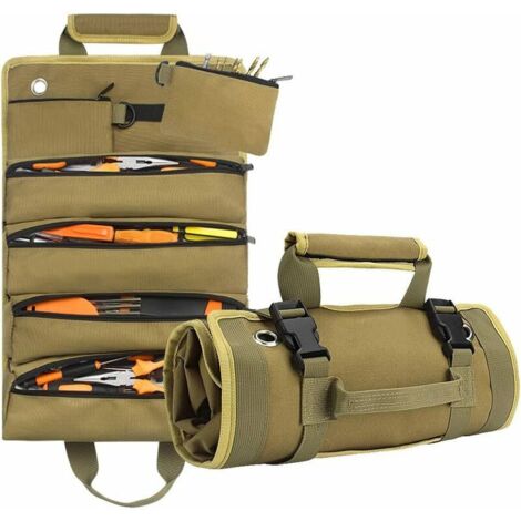 （Kaki）Sac à outils à roulettes, matériel multifonctionnel, pour électricien, travail du bois, rouleau à outils de voiture vide, rouleau à outils portatif avec 5 poches séparées