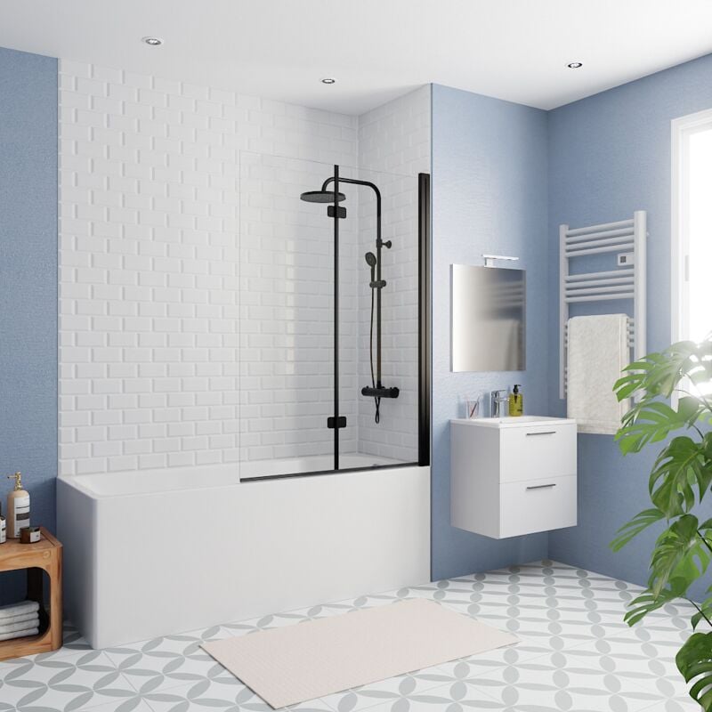 Kaldewei - 170x70 cm Ensemble baignoire Eurowa universelle + Pare baignoire pliable, 2 volets noir + pieds (KW312-SETP4)