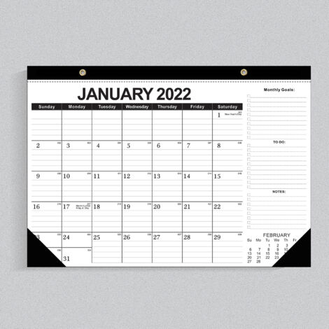 Kalender 2022, englische Version, klassischer schwarzer Wandkalender, 18 Monate