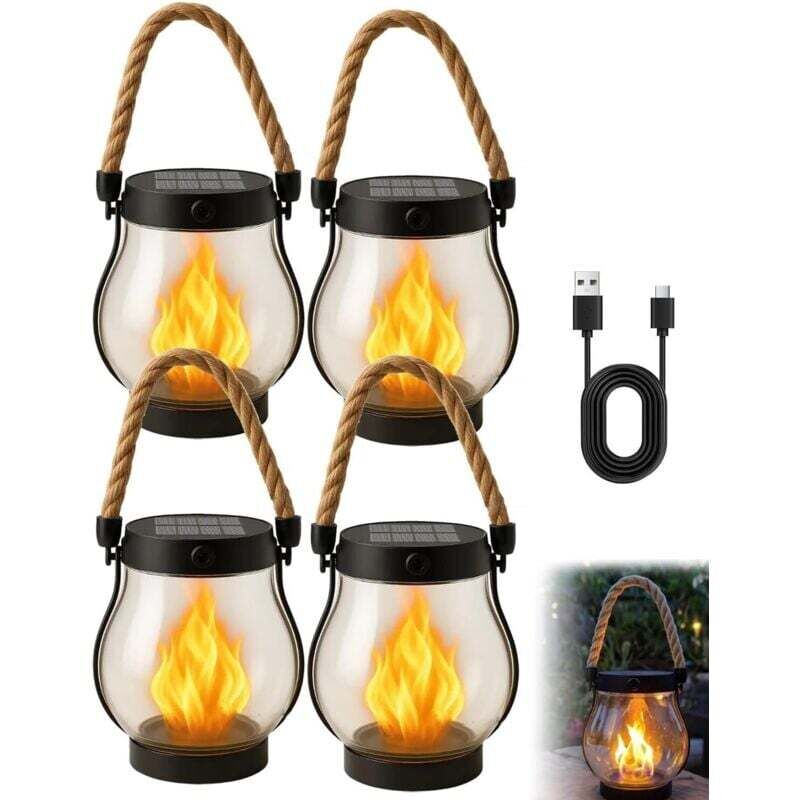 Kaliqo - Lanterne solaire d'extérieur étanche, lanterne solaire à flamme dansante pour l'extérieur, lanternes à corde de chanvre Kaliqo pour la
