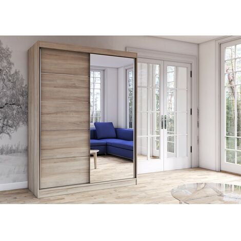 KALKE - Grande armoire à portes coulissantes - Miroir - 5 étagères + tringle - 150x61x200 cm