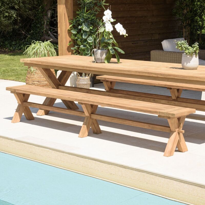 KALLY - Banc de jardin 270x35cm en bois teck recyclé pieds croisés KALLY - Banc de jardin 270x35cm en bois teck recyclé pieds croisés