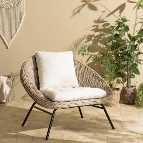 KALLY - Fauteuil en bois de rotin coussin d'assise blanc pieds noir