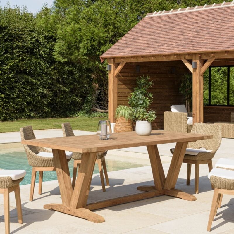 Macabane - kally - Table à manger jardin 220x100cm teck recyclé pieds en v inversé