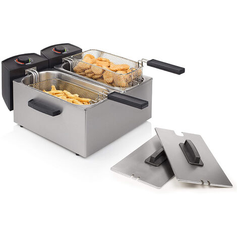 Kaltzonen Doppelfritteuse 6 Ltr. Edelstahl 2 Frittierkörbe, 3600Watt