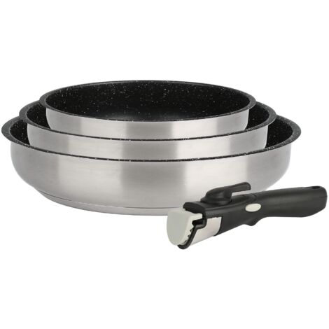 KAMBERG Set di pentole Set pentole 4 pezzi, Acciaio inossidabile, Rivestimento in Pietra, Tutti i fuochi tra cui induzione, Manico rimovibile, Senza PFOA, Grigio