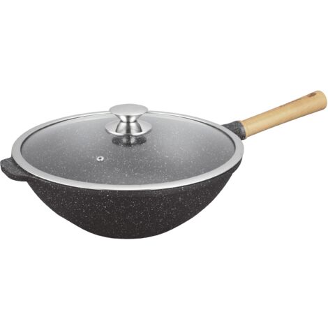 KAMBERG - Wok 32 cm - 5,0 litri - Manico fisso in legno - Ghisa di alluminio - Rivestimento in pietra - Coperchio in vetro - Tutti i fuochi inclusi induzione - Senza PFOA - 0008220