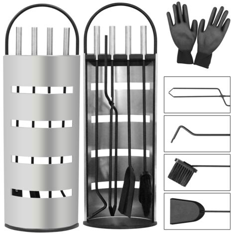 Kaminbesteck Kamingarnitur + Handschuh 6-tlg Kaminzubehör Silber Kaminwerkzeuge Kaminreinigungs Set Kaminaufbewahrung Edelstahl
