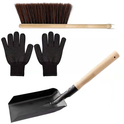 Kaminreinigungsset – Komplettset mit Schaufel und Bürste mit Holzgriff, 2 Silikonhandschuhen, Material: Carbon + Holz, Farbe: Schwarz, Maße: 37,5 x 11,5 x 11,7 cm