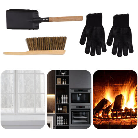 Kaminreinigungsset mit Schaufel, Bürste und Silikonhandschuhen – Griff aus Carbonholz – 3-teiliges Set für Kamin und Grill
