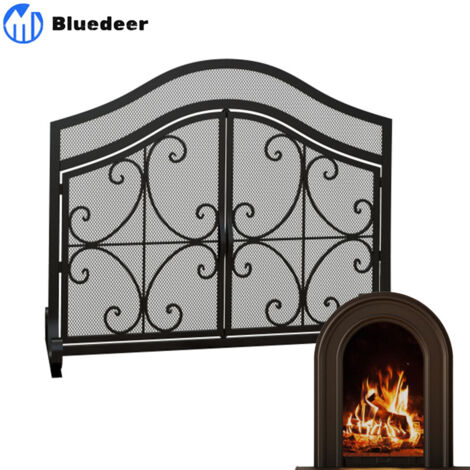 Kaminschutzgitter – Kamingitter mit magnetischen Türen – Ofenschutzgitter – Funkenschutzgitter für Wohnzimmer – Stahl – 105 x 80 – 5 cm – Schwarz