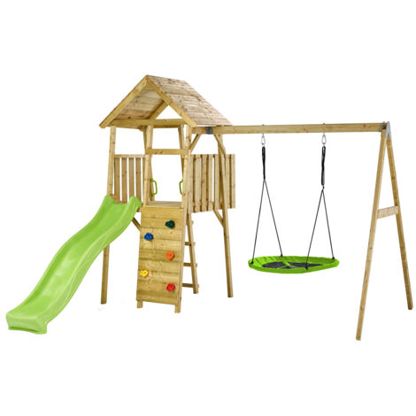Aire de jeux portique en bois – Double balançoire et nid Ø100cm – Toboggan 219,6cm – Mur d'escalade avec 5 pierres – Cabane – Kangui
