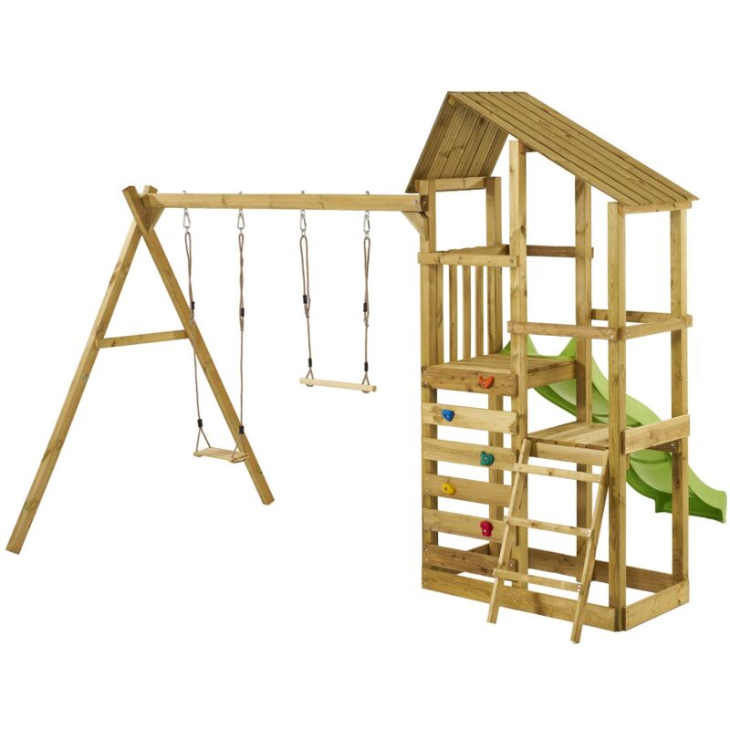 Kangui - Tour de jeux en bois avec double plateformes woupi - Balançoire, trapèze, mur d'escalade et cabane