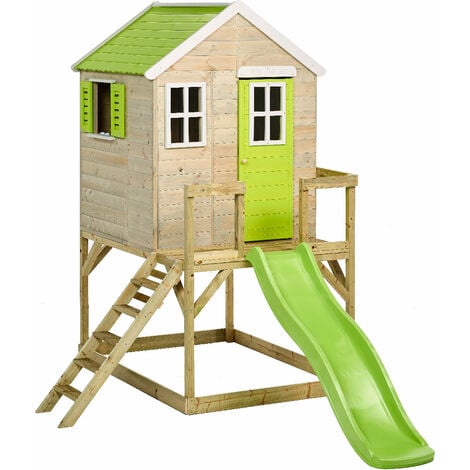 Kangui - Maison de jardin enfant extérieur - Cabane en Bois avec plateforme et toboggan - Toit étanche - Vert et Blanc - Multi-couleurs
