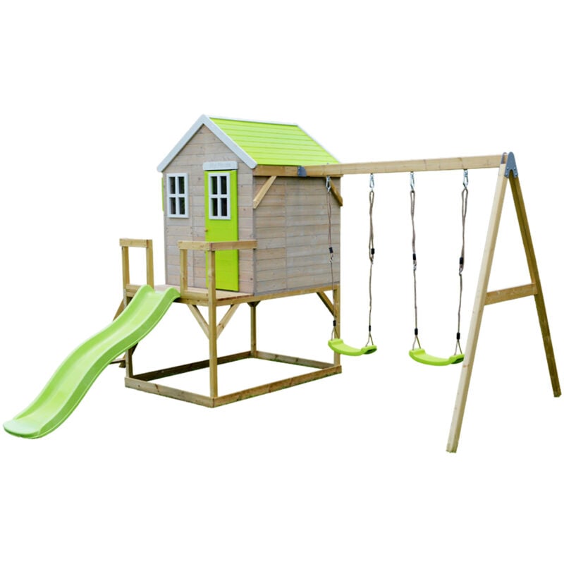 Maison de jardin enfant extérieurs avec plateforme, toboggan et double balançoire - Toit étanche - Vert et Blanc - Marron - Kangui