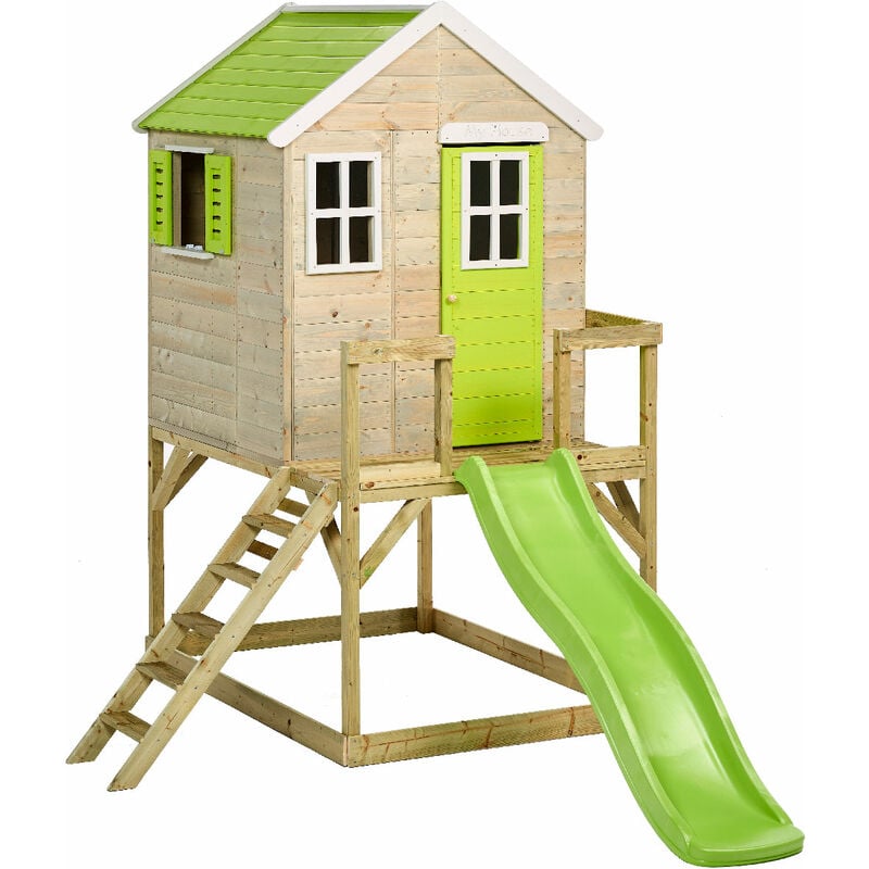 Maison de jardin enfant extérieur - Cabane en Bois avec plateforme et toboggan - Toit étanche - Vert et Blanc - Multi-couleurs - Kangui