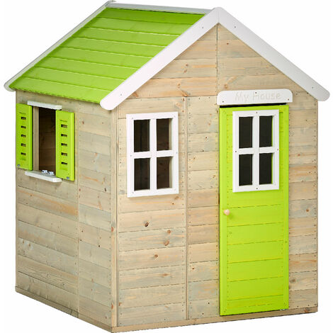KANGUI Maisonnette Enfant Extérieur en Bois TINNI avec Plancher - Toit Étanche - Vert & Blanc