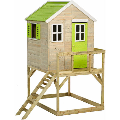 KANGUI Maisonnette Enfant Extérieur en Bois TINNI avec Plateforme - Toit Étanche - Vert & Blanc