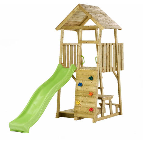 Aire de jeux en bois massif – Toboggan ondulé 219,6 cm avec raccord pour eau – Mur d'escalade avec 5 pierres – Table et bac à sable – Kangui
