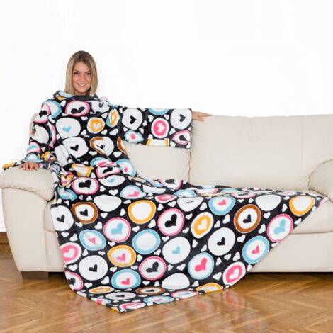 Kanguru Coperta con maniche Cuori, soffice plaid in pile, Microfibra, con tasca centrale, 210x140cm, regalo donna compleanno, amica, Hoodie per divano, letto, relax, Natale, vestaglia invernale