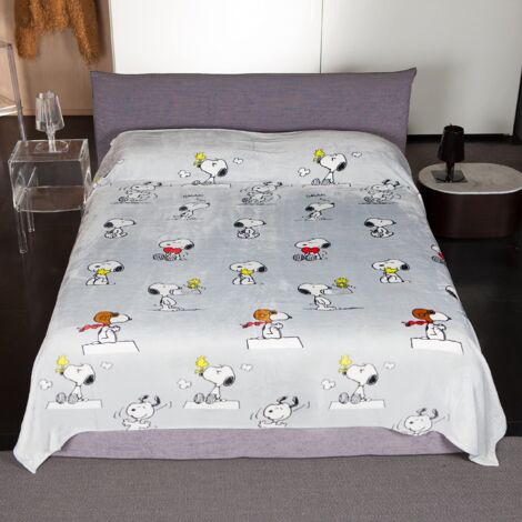 Kanguru - Plaid Matrimoniale, Snoopy, 230x230 cm, Coperta per Letto Matrimoniale, grigia, soffice pile, misura 2 piazze, idea regalo natale mamma e papà, compleanno, trapunta, copriletto, microfibra