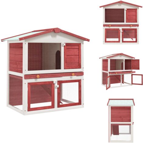 Kaninchenstall 3 Türen Rot Holz - Kaninchenhaus - Kaninchendrahtgehege - Tierheim - Kleintiere - Außenhaltung