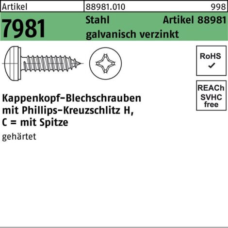 Kappenkopf-Blechschraube VG 3,9x32 Stahl galvanisch verzinkt PH 500 Stk