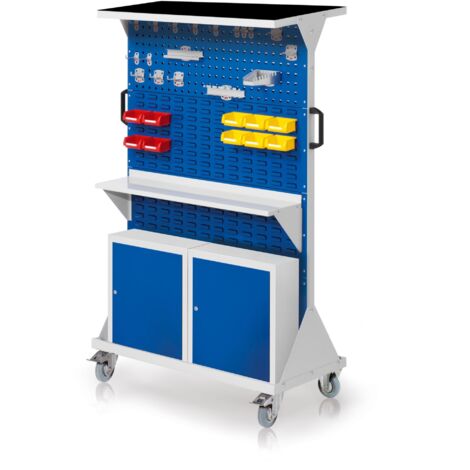 Kappes RasterMobil® mobiler Arbeitsplatzschrank Größe 4 1580x1000x500mm 2x Lochplatte 6x Schlitzplatte mit Auflageboden inkl. Riffelgummimatte und Einhängeschrank 40-teilig enzianblau