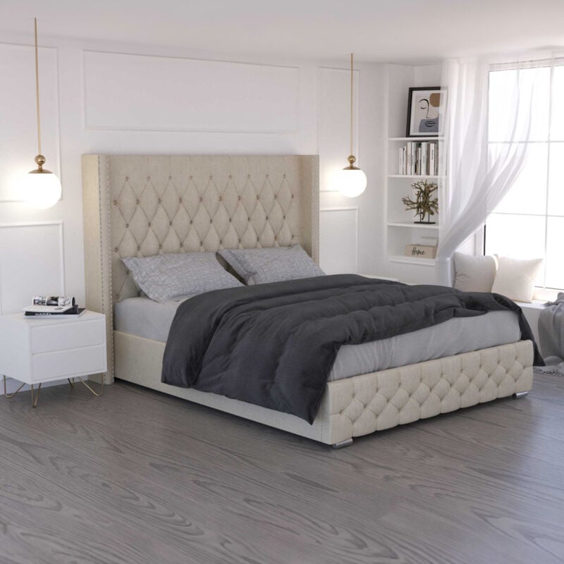 mobilier deco - kapton - lit coffre en lin beige 140x190 cm
