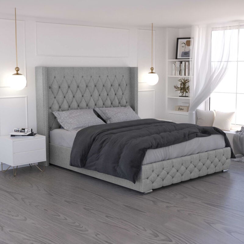 mobilier deco - kapton - lit coffre en lin gris 140x190 cm