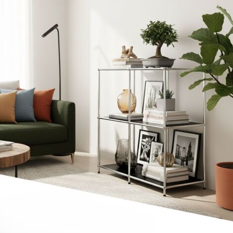 Karat – Étagère ouverte en métal chromé 78 × 40 × 82 cm – 3 tablettes – Finition mate noire – Stable avec pieds réglables