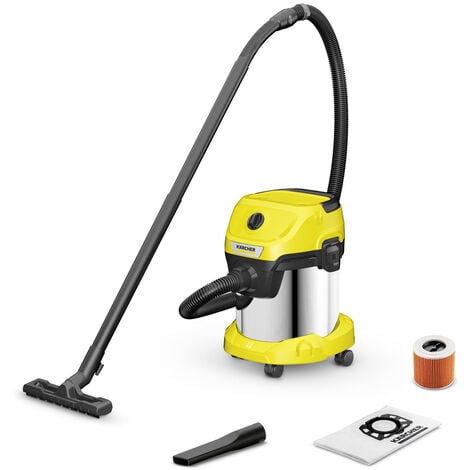 Karcher Aspirateur de chantier eau et pousière WD 3 S V-15 4 20 1000W avec cuve acier inox 15l Soufflerie Câble 4m et flexible 2m