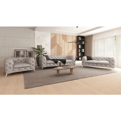 Kare - Chesterfield Polstergarnitur 3+2+1 mit Silber Metall Füßen aus Grau Samtstoff