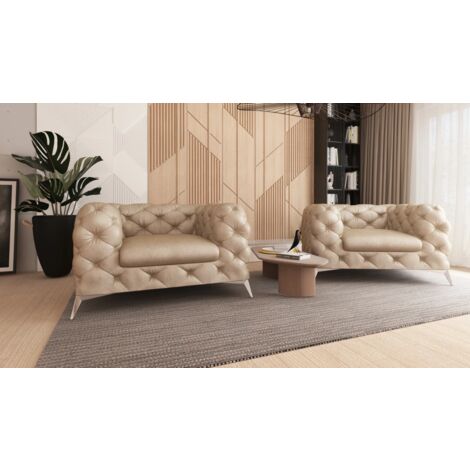Kare - Chesterfield Sessel mit Silber Metall Füßen aus Beige Samtstoff